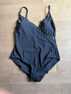 Classic Black One-Piece Swimsuit with Studded Accent